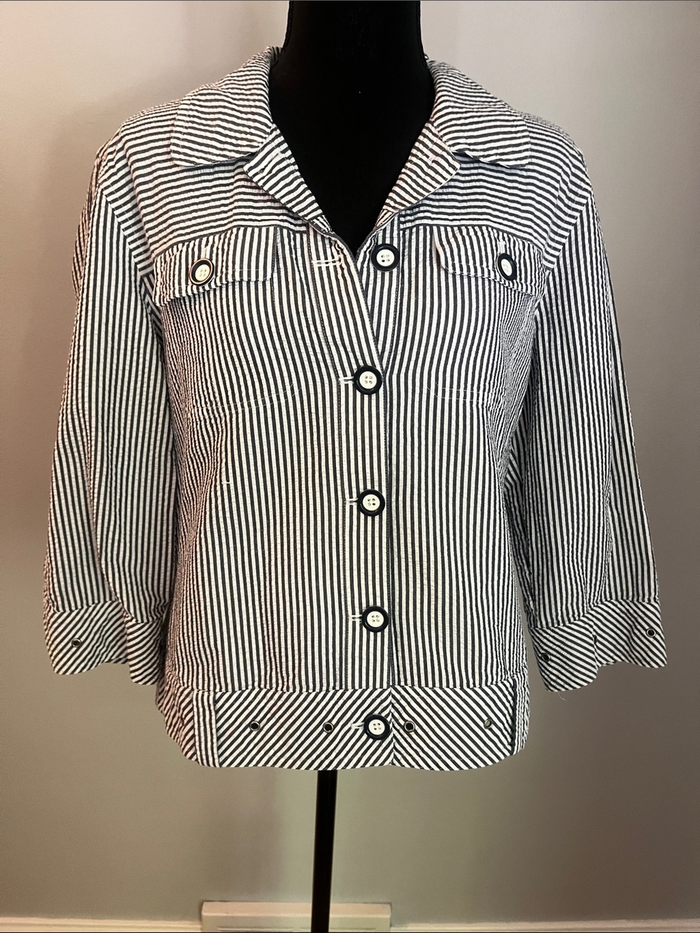 Striped Button Front Navy and White Seersucker Jacket .